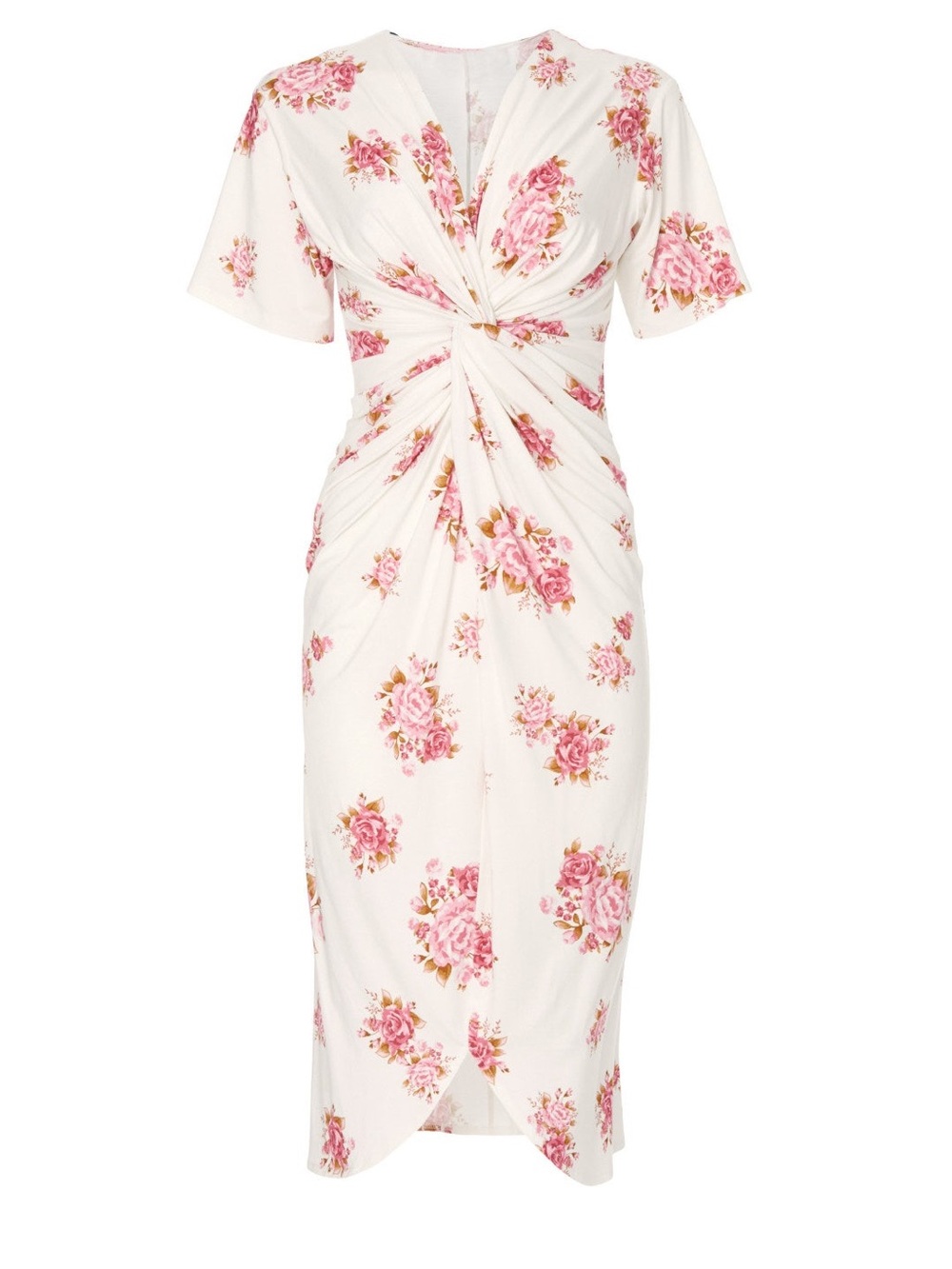 Twist-Front Floral Midi Dress in White with Pink Bouquet
